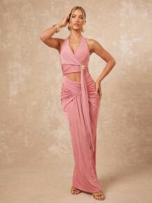 Lumalex Women's Dusty Pink Summer 70s Party Extra Long Dress,Halter Waist Cinching Ruched Flowy Ribbon Metal Flower Decor Elegant Luxury Wedding Guest Gown - Coral Pink - View 6