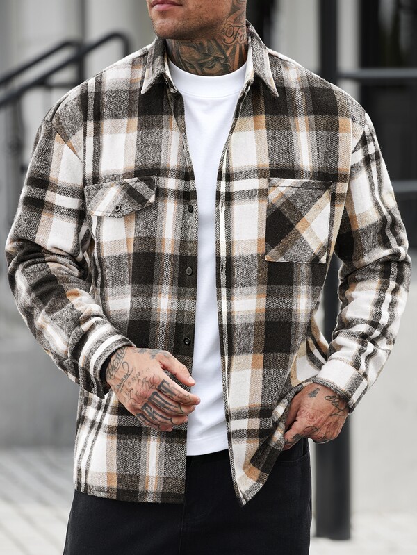 Manfinity CasualCool Camicia-giacca da uomo in flanella spessa a quadri con maniche lunghe
