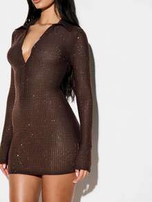 KIZN Rhinestone Hotfix Shirt Collar Mini Dress With Long Sleeves And Deep V-Neckline Party Night Out - Brown - View 4