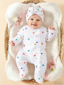 SHEIN White Autumn Cute Matching Family Party Newborn Baby Girl 2pcs Set Frill Front Zipper Romper With Feet & Cap One-Piece Footie For Wedding Birthday - Multicolor - View 2