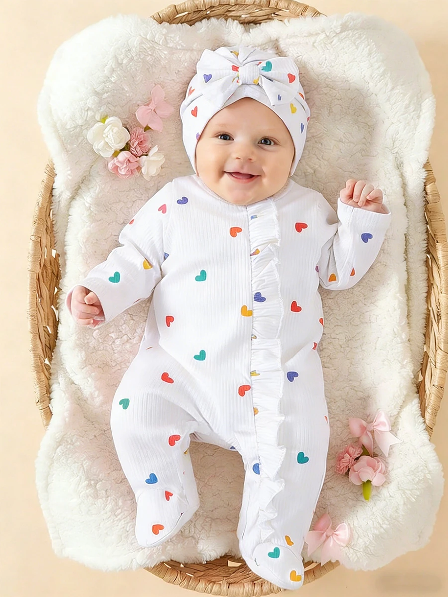 SHEIN White Autumn Cute Matching Family Party Newborn Baby Girl 2pcs Set Frill Front Zipper Romper With Feet & Cap One-Piece Footie For Wedding Birthday