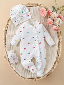 SHEIN White Autumn Cute Matching Family Party Newborn Baby Girl 2pcs Set Frill Front Zipper Romper With Feet & Cap One-Piece Footie For Wedding Birthday - Multicolor - View 5