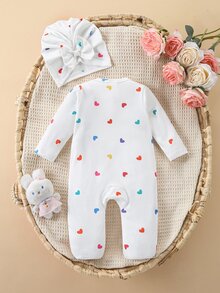 SHEIN White Autumn Cute Matching Family Party Newborn Baby Girl 2pcs Set Frill Front Zipper Romper With Feet & Cap One-Piece Footie For Wedding Birthday - Multicolor - View 3