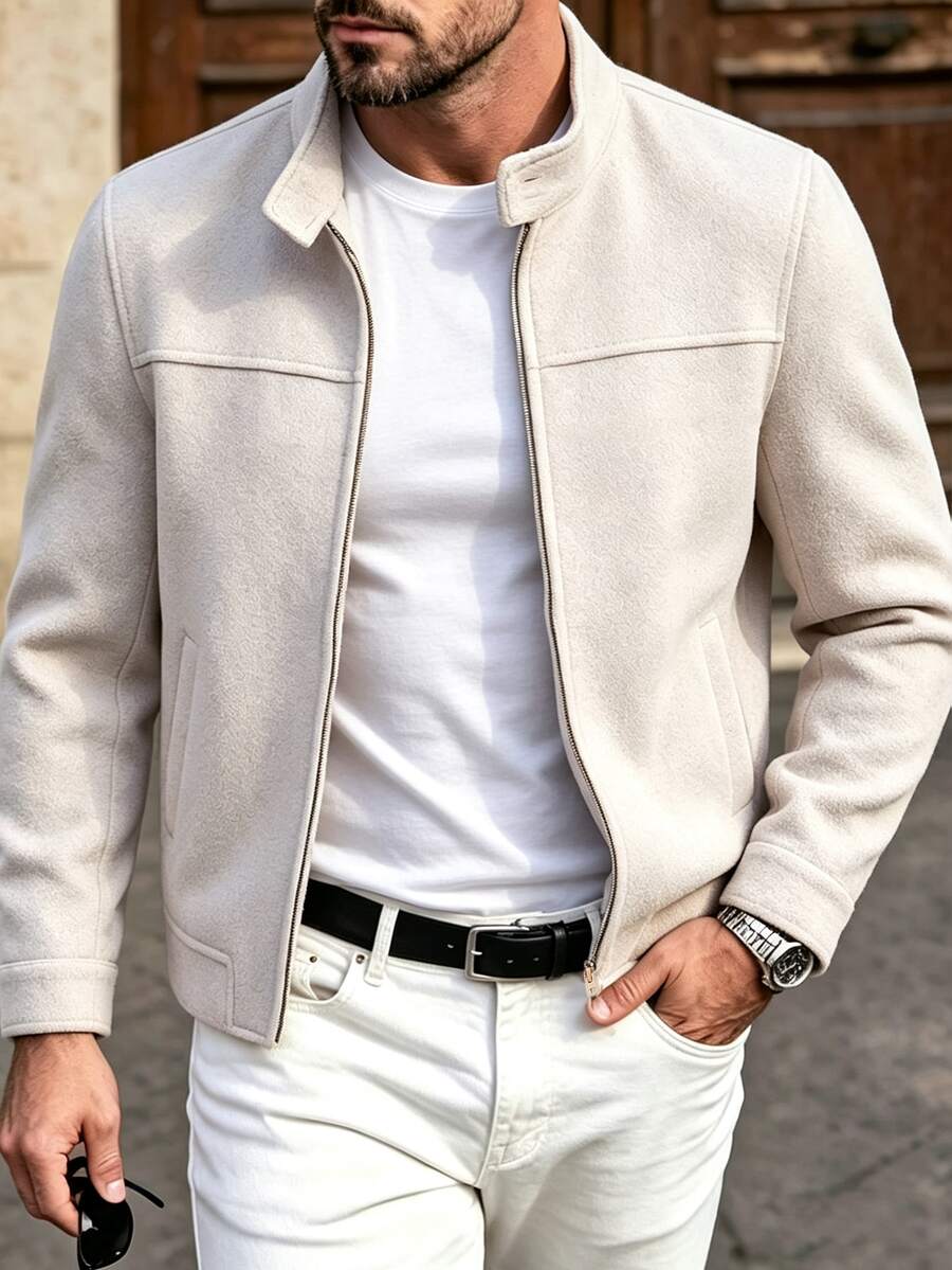 Manfinity CasualCool Men's Khaki Stand Collar Zip-Up Casual Jacket - Khaki - View 1