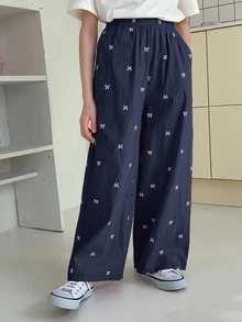 Dazy Kids 青少年女孩弹性腰部阔腿印花裤，适合春夏季和返校季穿着 - 藏蓝色 - 查看 3