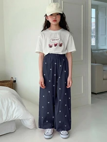 Dazy Kids 青少年女孩弹性腰部阔腿印花裤，适合春夏季和返校季穿着 - 藏蓝色 - 查看 2