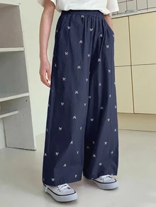 Dazy Kids 青少年女孩弹性腰部阔腿印花裤，适合春夏季和返校季穿着 - 藏蓝色 - 查看 4