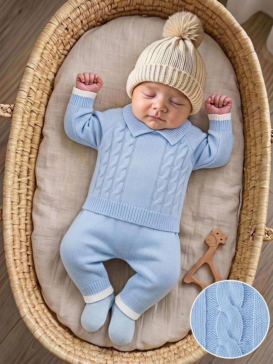 Souflis Set Baju Rajut Atasan dan Celana Panjang Wol Motif Tali Kepang Lucu dan Modis untuk Bayi Laki-laki, Cocok untuk Musim Gugur. - Baby Blue - View 1