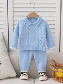 Souflis Set Baju Rajut Atasan dan Celana Panjang Wol Motif Tali Kepang Lucu dan Modis untuk Bayi Laki-laki, Cocok untuk Musim Gugur. - Baby Blue - View 10