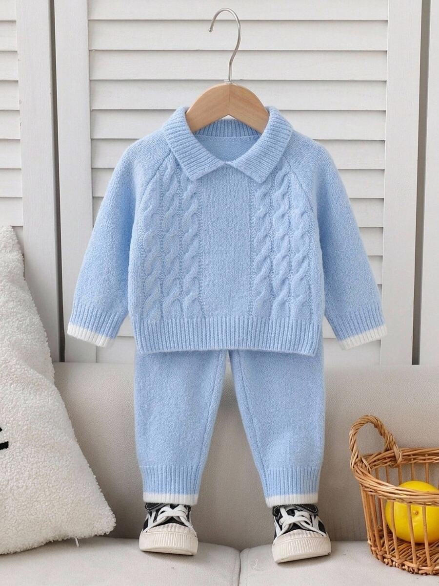 Souflis Conjunto de suéter y pantalones de lana para bebé niño, top de punto con cuerda retorcida y contraste de color, estilo moderno y lindo, otoño - Celeste - Ver 1