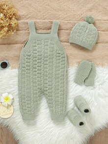 SHEIN Vintaside Kids 女嬰針織毛衣連身褲套裝，極簡精緻設計，附吊帶長褲，適合秋冬 - 綠色 - 查看 3