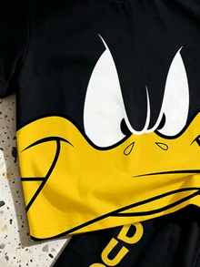 LOONEY TUNES X SHEIN GraphicGems 男嬰夏季可愛卡通印花短袖T恤 + 字母印花短褲套裝 - 黑色 - 查看 5