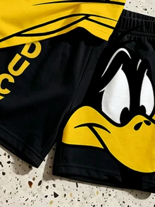 LOONEY TUNES X SHEIN GraphicGems 男嬰夏季可愛卡通印花短袖T恤 + 字母印花短褲套裝 - 黑色 - 查看 4