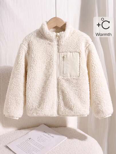 Genkimix Kids 1pc Young Girls Fleece Jacket, Fuzzy Teddy Bear Zipper Coat With Pocket, Warm Stand Collar Fluffy Outerwear For Winter