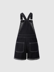 SHEIN Genkimix Kids 青少年女孩牛仔吊帶短褲 夏季新款 甜酷風 中藍色水洗牛仔 蝴蝶刺繡 破洞磨損設計 可調節肩帶 舒適優質棉牛仔 日常基礎校園穿搭 度假夏裝 童裝吊帶褲連身褲 - 藍色 - 查看 3