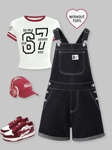 SHEIN Genkimix Kids 青少年女孩牛仔吊帶短褲 夏季新款 甜酷風 中藍色水洗牛仔 蝴蝶刺繡 破洞磨損設計 可調節肩帶 舒適優質棉牛仔 日常基礎校園穿搭 度假夏裝 童裝吊帶褲連身褲 - 藍色 - 查看 9
