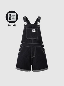 SHEIN Genkimix Kids 青少年女孩牛仔吊帶短褲 夏季新款 甜酷風 中藍色水洗牛仔 蝴蝶刺繡 破洞磨損設計 可調節肩帶 舒適優質棉牛仔 日常基礎校園穿搭 度假夏裝 童裝吊帶褲連身褲 - 藍色 - 查看 4