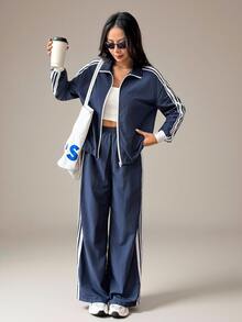SHEIN PETITE Fall New Fashion Women's Blue And White Stripe Long Sleeve Zip-Up Jacket And Shorts Casual 2 Pieces Set Gym - Navy Blue - View 7