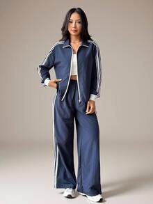SHEIN PETITE Fall New Fashion Women's Blue And White Stripe Long Sleeve Zip-Up Jacket And Shorts Casual 2 Pieces Set Gym - Navy Blue - View 5