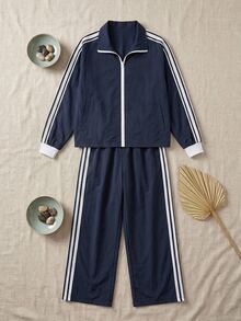 SHEIN PETITE Fall New Fashion Women's Blue And White Stripe Long Sleeve Zip-Up Jacket And Shorts Casual 2 Pieces Set Gym - Navy Blue - View 4