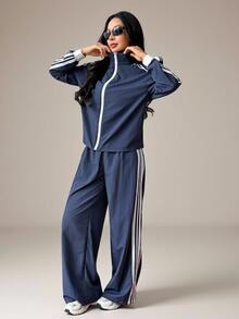 SHEIN PETITE Fall New Fashion Women's Blue And White Stripe Long Sleeve Zip-Up Jacket And Shorts Casual 2 Pieces Set Gym - Navy Blue - View 1