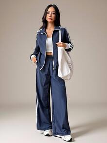 SHEIN PETITE Fall New Fashion Women's Blue And White Stripe Long Sleeve Zip-Up Jacket And Shorts Casual 2 Pieces Set Gym - Navy Blue - View 2