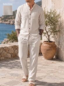 Manfinity Homme 2026 Spring Summer Beige Striped Linen Matching Set For Men Breathable Slub Linen Short Sleeve Shirt - Beige - View 6