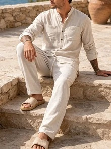 Manfinity Homme 2026 Spring Summer Beige Striped Linen Matching Set For Men Breathable Slub Linen Short Sleeve Shirt - Beige - View 3