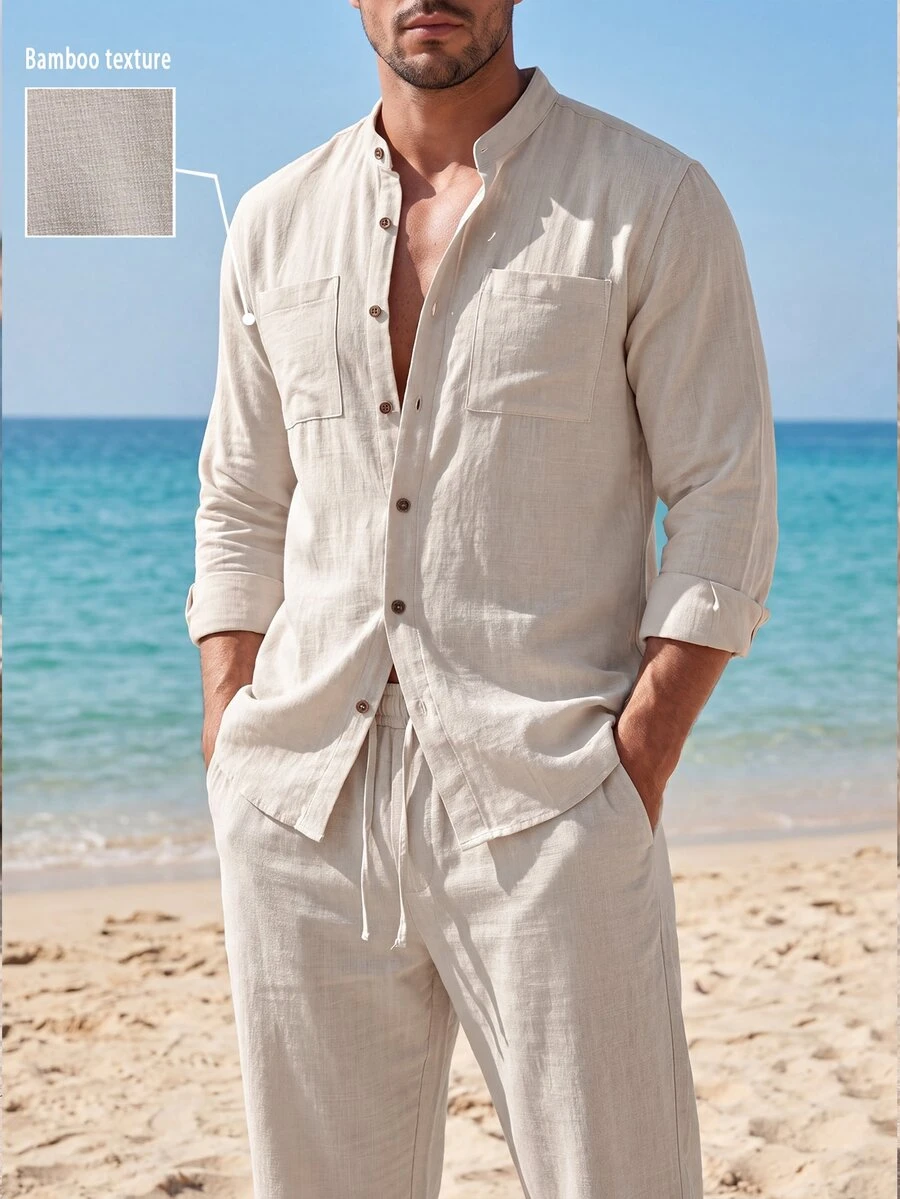 Manfinity Homme 2026 Spring Summer Beige Striped Linen Matching Set For Men Breathable Slub Linen Short Sleeve Shirt - Beige - View 1
