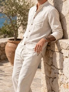 Manfinity Homme 2026 Spring Summer Beige Striped Linen Matching Set For Men Breathable Slub Linen Short Sleeve Shirt - Beige - View 5