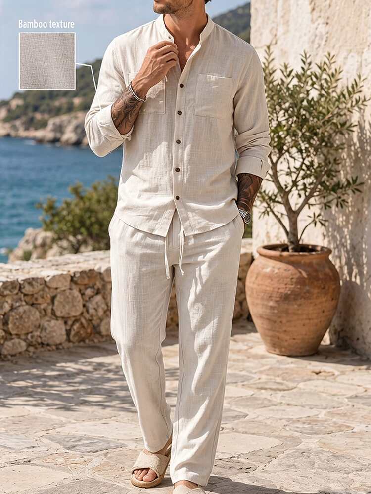 VENTUSAIL 2026 Spring Summer Beige Striped Linen Matching Set For Men Breathable Slub Linen Short Sleeve Shirt - Beige - View 4