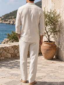 Manfinity Homme 2026 Spring Summer Beige Striped Linen Matching Set For Men Breathable Slub Linen Short Sleeve Shirt - Beige - View 2