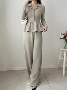 FRIFUL 女款荷葉邊上衣與寬腿褲套裝，甜美優雅法式兩件套，教師節辦公室早午餐穿搭，灰褐色夏季居家休閒套裝 - 杏色 - 查看 6