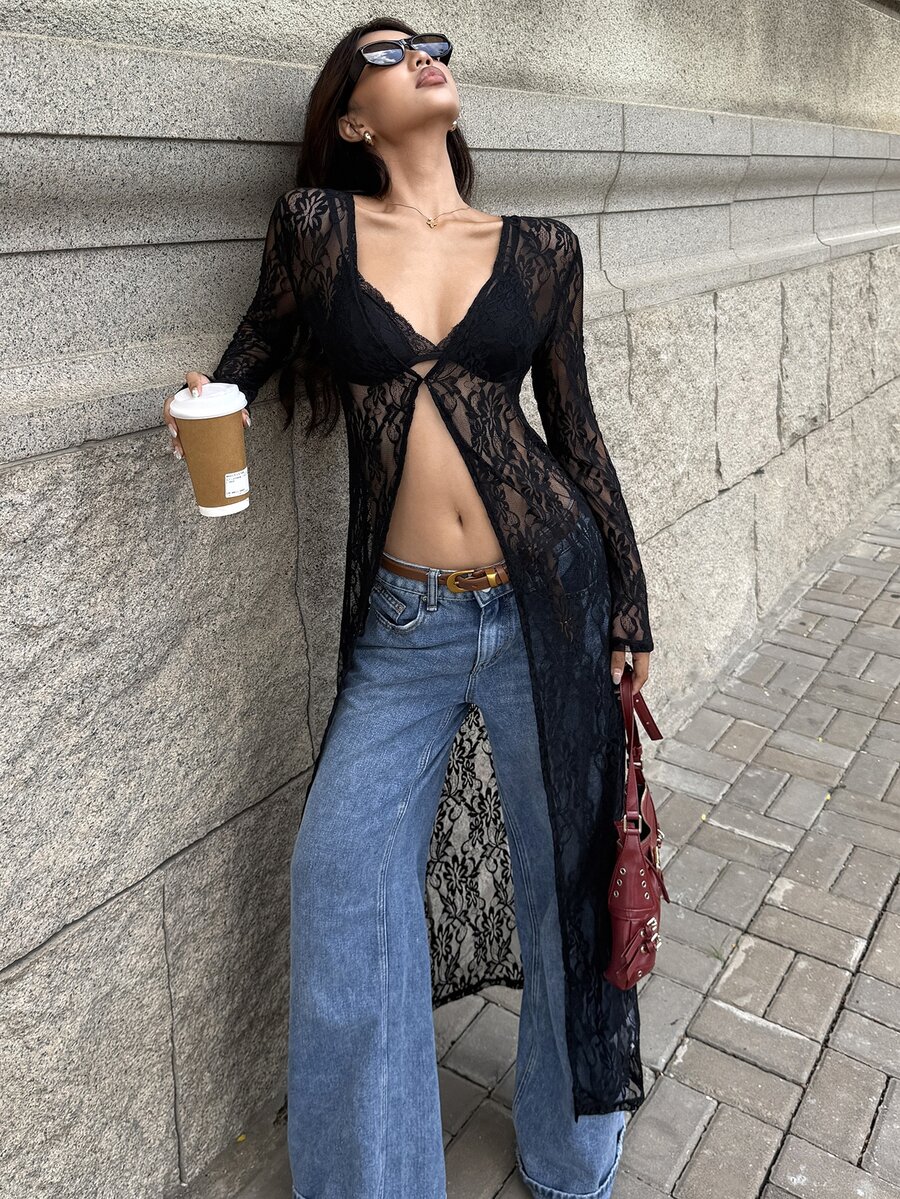 MainGRL 黑色蕾絲女款薄款外套,萬聖節夜店外出夏季性感風 - 黑色 - 查看 1