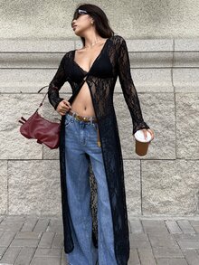 MainGRL 黑色蕾絲女款薄款外套，萬聖節夜店外出夏季性感風 - 黑色 - 查看 4