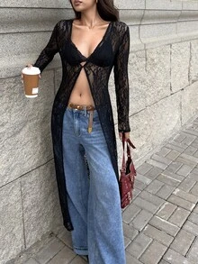 MainGRL 黑色蕾絲女款薄款外套，萬聖節夜店外出夏季性感風 - 黑色 - 查看 5
