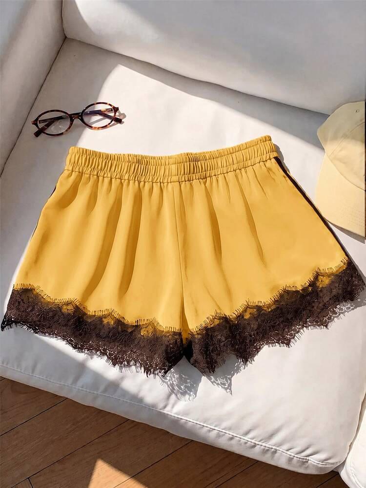 Comfortcana Women's Lace Patchwork Casual Daily Shorts - Light Yellow - View 2