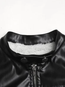 SHEIN 兒童青少年女孩拉鍊式保暖內裡PU皮革冬季夾克 - 黑色 - 查看 7