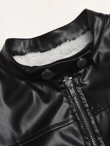 SHEIN 兒童青少年女孩拉鍊式保暖內裡PU皮革冬季夾克 - 黑色 - 查看 6