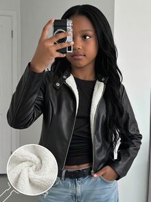 SHEIN 兒童青少年女孩拉鍊式保暖內裡PU皮革冬季夾克 - 黑色 - 查看 1