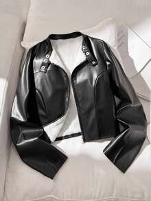 SHEIN 兒童青少年女孩拉鍊式保暖內裡PU皮革冬季夾克 - 黑色 - 查看 2