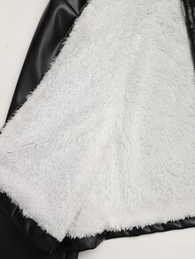 SHEIN 兒童青少年女孩拉鍊式保暖內裡PU皮革冬季夾克 - 黑色 - 查看 9