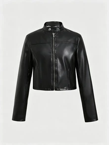 SHEIN 兒童青少年女孩拉鍊式保暖內裡PU皮革冬季夾克 - 黑色 - 查看 4