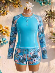 Swim SPRTY Summer 2pcs/Set Floral Print Bikini Top And Camisole - Blue - View 3
