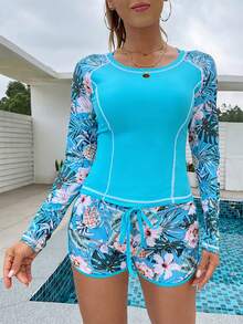 Swim SPRTY Summer 2pcs/Set Floral Print Bikini Top And Camisole - Blue - View 1