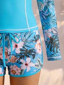 Swim SPRTY Summer 2pcs/Set Floral Print Bikini Top And Camisole - Blue - View 4