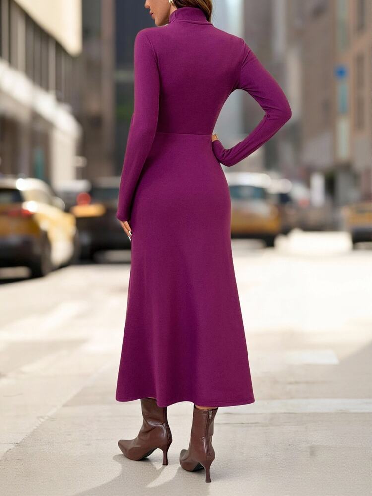 Editum Women's New Elegant Mature High Neck Slimming Knitted Maxi Dress Brunch Office Everyday Purple Autumn - Maroon - View 4