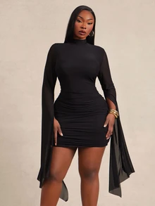 Radiana Curve Plus Size Women's Urban Fashion Elegant Sexy Fitted Mock Neck Sheer Mesh Patchwork Asymmetrical Extra Long Sleeve Ruched Mini Dress, Suitable For Formal Occasions, Banquets, Parties, Date Nights, Balls, Romantic - Black - View 6