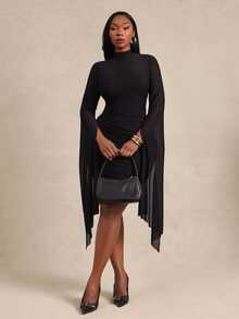 Radiana Curve Plus Size Women's Urban Fashion Elegant Sexy Fitted Mock Neck Sheer Mesh Patchwork Asymmetrical Extra Long Sleeve Ruched Mini Dress, Suitable For Formal Occasions, Banquets, Parties, Date Nights, Balls, Romantic - Black - View 5