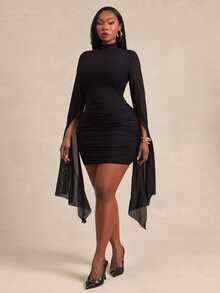 Radiana Curve Plus Size Women's Urban Fashion Elegant Sexy Fitted Mock Neck Sheer Mesh Patchwork Asymmetrical Extra Long Sleeve Ruched Mini Dress, Suitable For Formal Occasions, Banquets, Parties, Date Nights, Balls, Romantic - Black - View 7